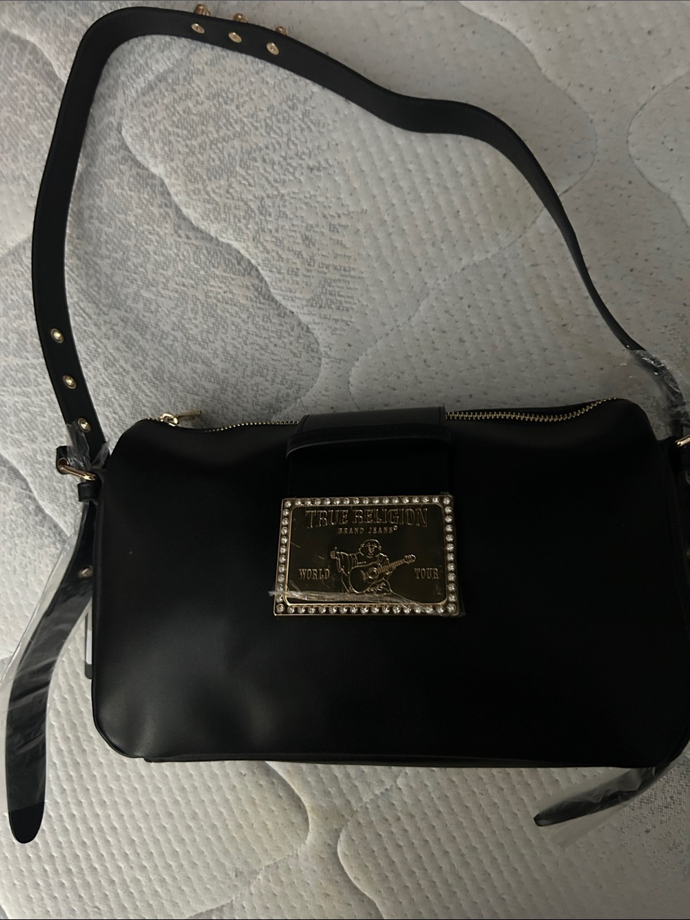 True Religion Black Shoulder Bag with Gold Plaque Accent